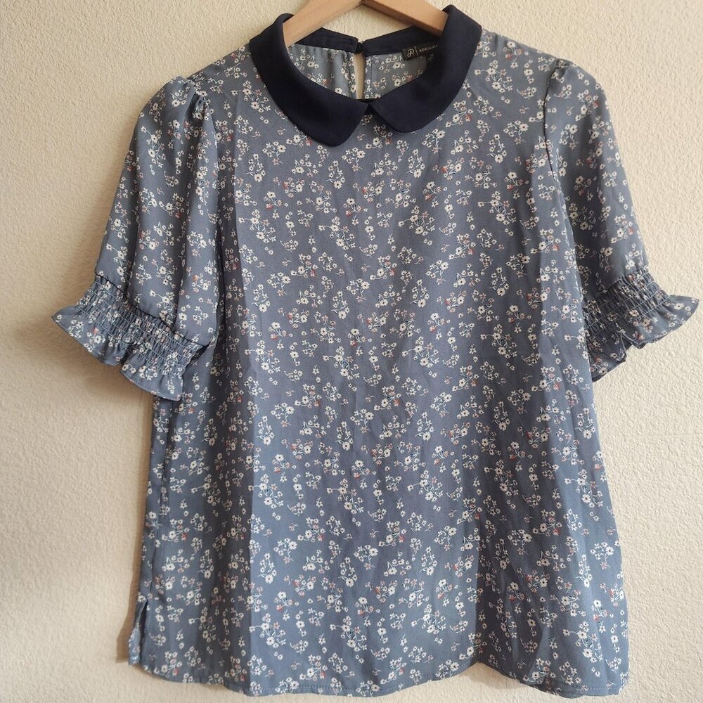 Adrianna Papell Blouse Womens XS Blue Floral Short Sleeve Peter Pan Collar New